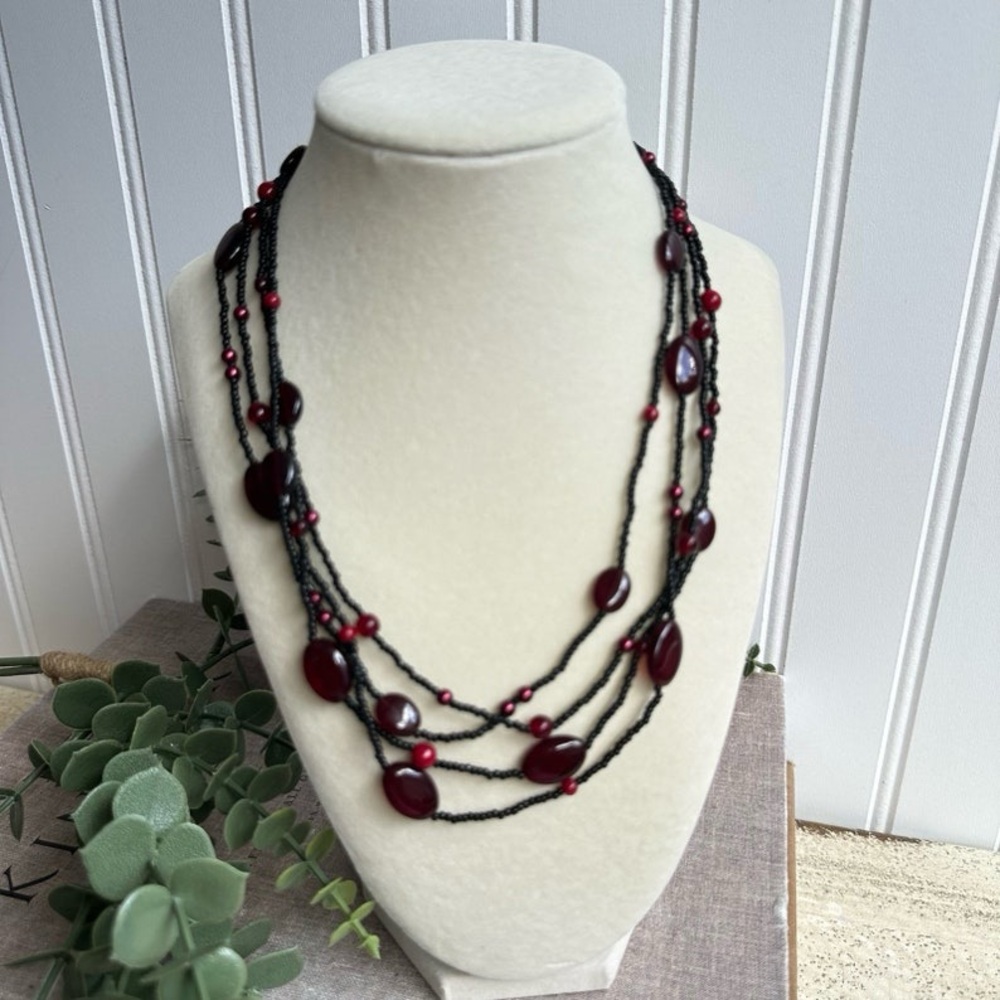 Garnet red faux pearl acrylic oval bead multi strand choker necklace